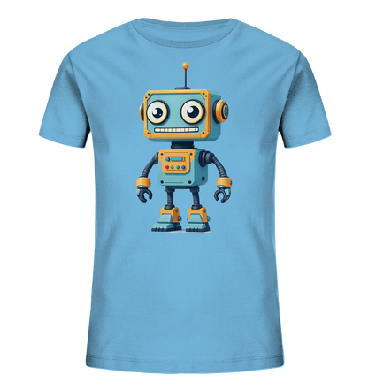 Onlineshop Shirts für Kinder - Das Bild zeigt ein hellblaues T-Shirt für Kinder. Auf der Vorderseite ist eine bunte, cartoonhafte Illustration eines Roboters abgebildet. Der Roboter hat große, runde Augen, ein lächelndes Mundgitter und eine Antenne auf dem Kopf. Er ist überwiegend blau und orange gestaltet, mit beweglichen Gliedmaßen und einem Bedienfeld auf der Brust.