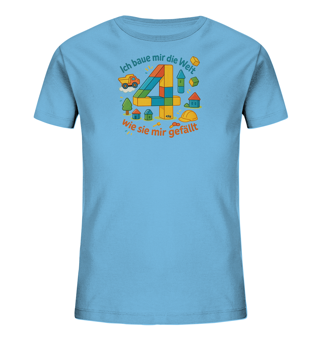 Onlineshop Shirts fuer Kinder - Das hellblaue T-Shirt zeigt eine grosse, bunte '4', die aus Baukloetzen geformt ist. Um die Zahl herum sind Illustrationen von kleinen Haeusern, Baeumen, einem Lastwagen und einem Bauhelm platziert. Der Druck hat ein kreatives Thema des Bauens und der eigenen Weltgestaltung. Dieses Motiv ist verspielt und farbenfroh, ideal fuer Kinder.