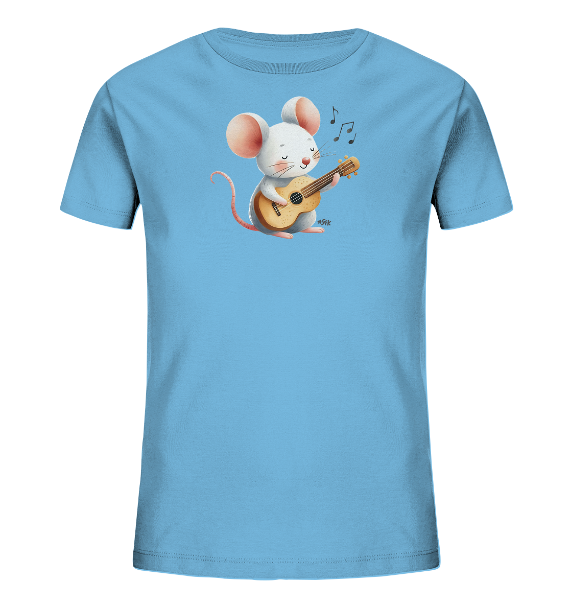 Onlineshop Shirts für Kinder - Das Bild zeigt ein hellblaues Kinder-T-Shirt mit einem Druck auf der Vorderseite. Der Druck zeigt eine weiße Cartoon-Maus, die aufrecht sitzt und ein kleines, hellbraunes Saiteninstrument spielt, das einer Ukulele ähnelt. Über der Maus sind drei schwarze Musiknoten dargestellt, die den Eindruck erwecken, dass sie singt oder musiziert. Die Maus hat große rosa Ohren und einen langen Schwanz.