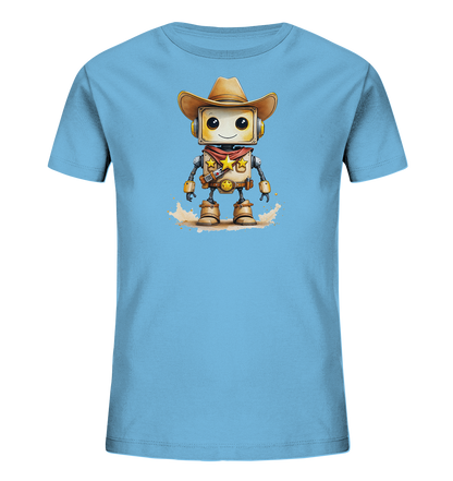 Onlineshop Shirts für Kinder - Das Bild zeigt ein hellblaues Kinder-T-Shirt mit einem auffälligen Druck in der Mitte. Das Motiv stellt einen freundlich aussehenden Roboter dar, der als Cowboy verkleidet ist. Der Roboter trägt einen Westernhut, ein rotes Halstuch mit einem Stern und braune Cowboystiefel. Das Design ist im Cartoon-Stil gehalten und zeigt den Roboter inmitten von aufgewirbeltem Staub oder Sand, was ihm einen dynamischen Western-Look verleiht.