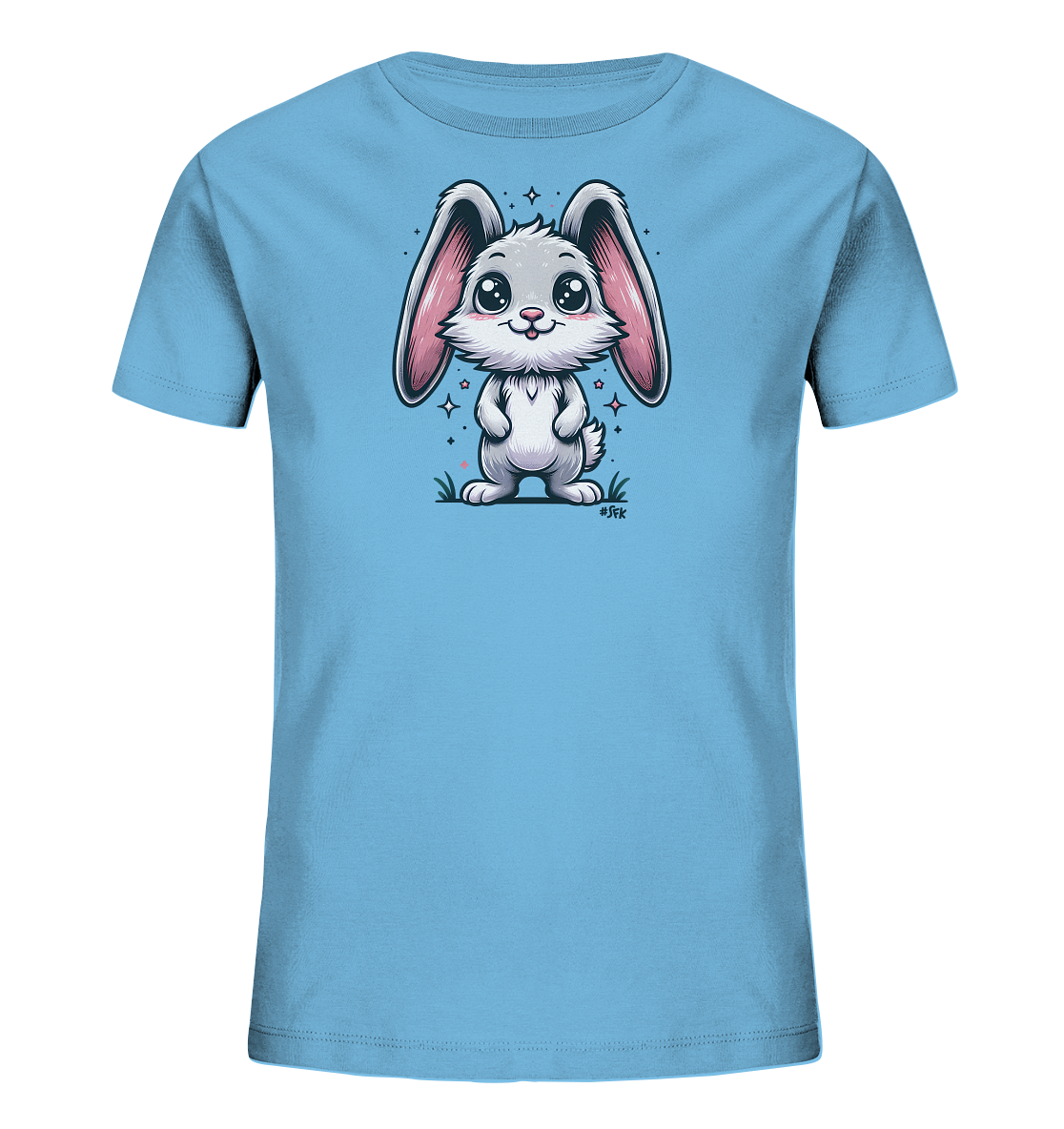 Onlineshop Shirts fuer Kinder - Ein hellblaues T-Shirt fuer Kinder mit einem suessen Cartoon-Haeschen-Motiv. Das Haeschen hat grosse Augen, lange rosa Ohren und steht auf Gras mit Glitzersternen.