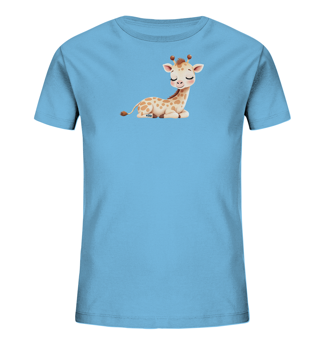 Onlineshop Shirts fuer Kinder - Das Bild zeigt ein hellblaues Kinder-T-Shirt, auf dem eine niedliche, liegende Giraffe abgebildet ist. Die Giraffe ist hellbraun mit dunkleren Flecken, hat sanft geschlossene Augen und einen friedlichen Ausdruck. Das Design ist mittig auf der Vorderseite des Shirts platziert und wirkt verspielt.