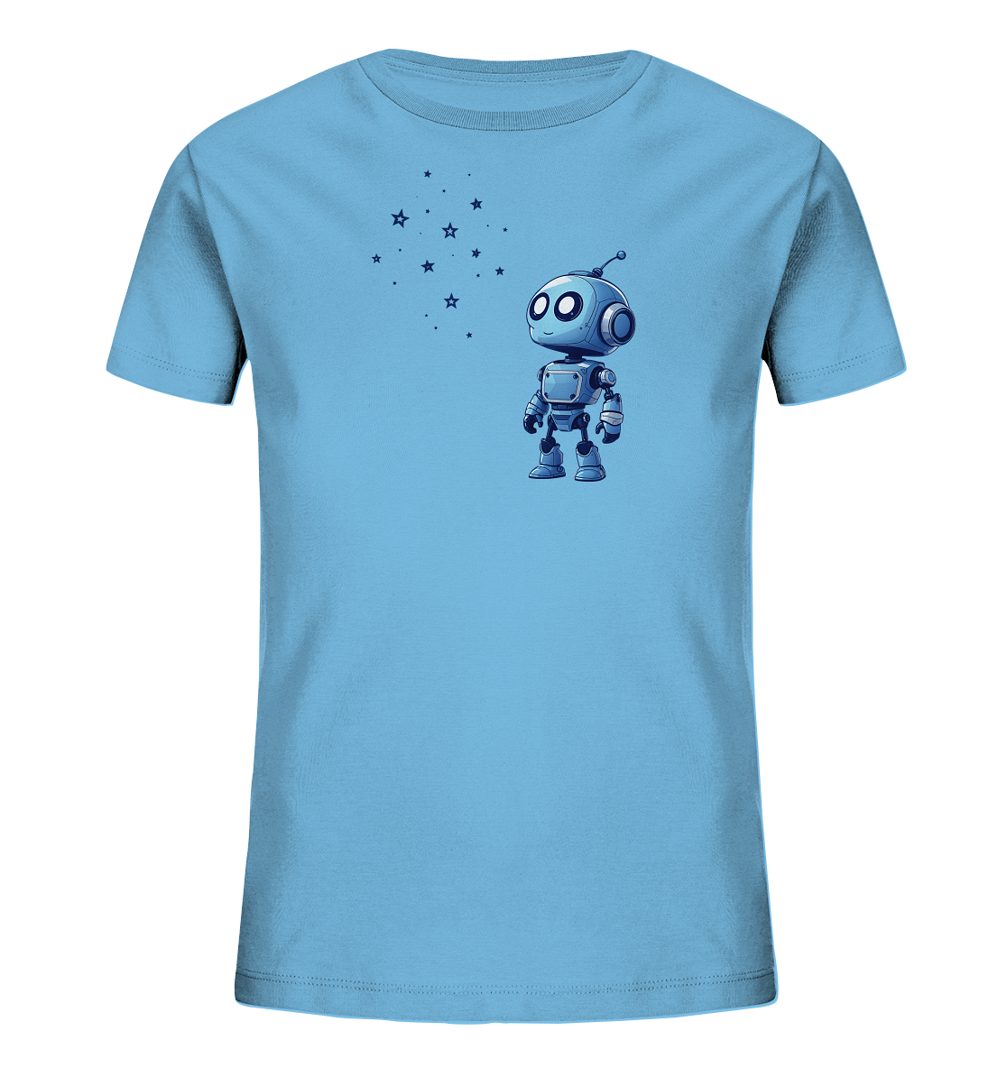Onlineshop Shirts für Kinder - Das Bild zeigt ein hellblaues Kinder-T-Shirt, das auf der Vorderseite mit einem freundlich aussehenden, cartoonhaften Roboter bedruckt ist. Der kleine Roboter ist in verschiedenen Blautönen gehalten und steht in einer aufrechten Position. Oberhalb und links neben dem Roboter sind mehrere kleine Sterne und Punkte angeordnet, die das Motiv ergänzen. Das Design wirkt verspielt und ansprechend.