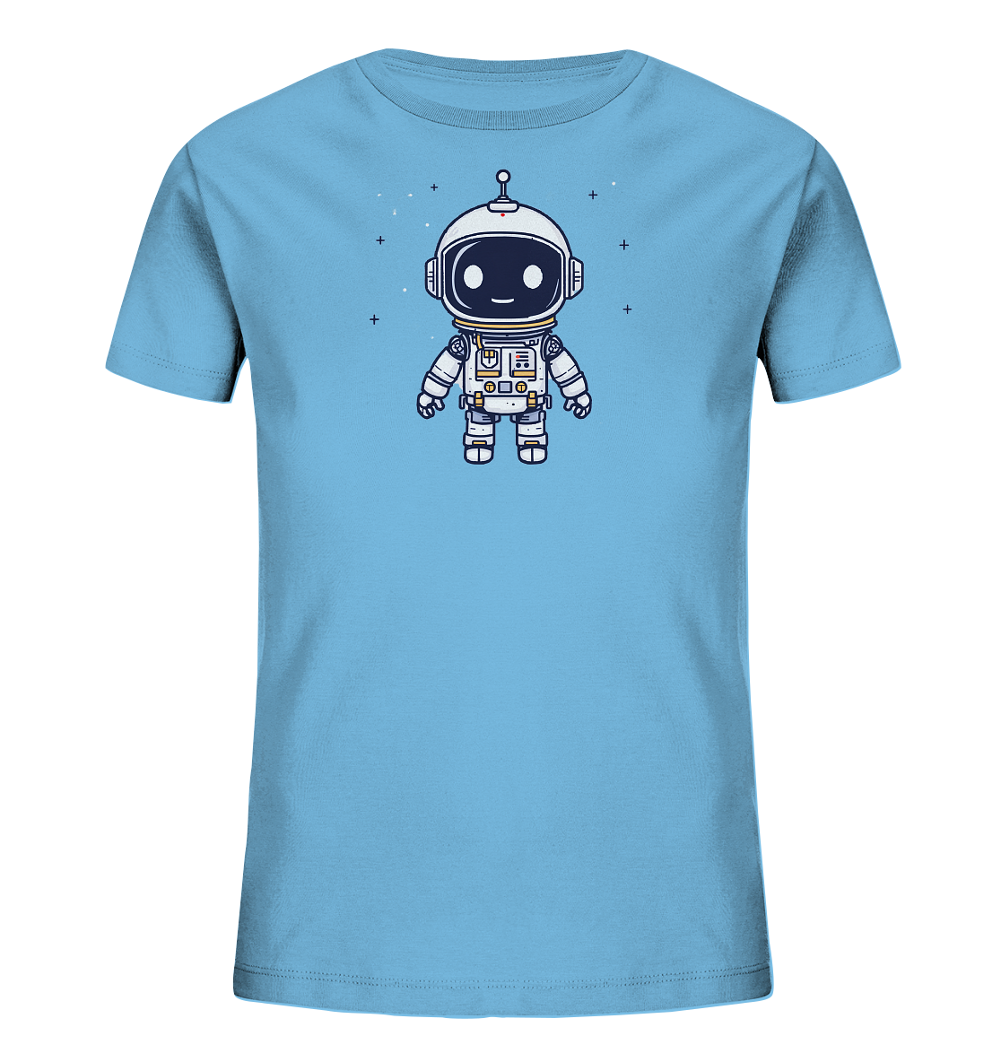 Onlineshop Shirts für Kinder - Das Bild zeigt ein hellblaues Kinder-T-Shirt. Auf der Vorderseite ist eine freundliche, cartoonartige Darstellung eines Astronauten in einem weißen Raumanzug zu sehen. Der Astronaut hat einen runden Kopf mit einem Helmvisier, das ein lächelndes Gesicht zeigt, und eine Antenne auf dem Kopf. Um die Figur herum sind kleine Sterne und Kreuze als stilistische Elemente im Hintergrund angedeutet, was dem Design eine Weltraum-Thematik verleiht.