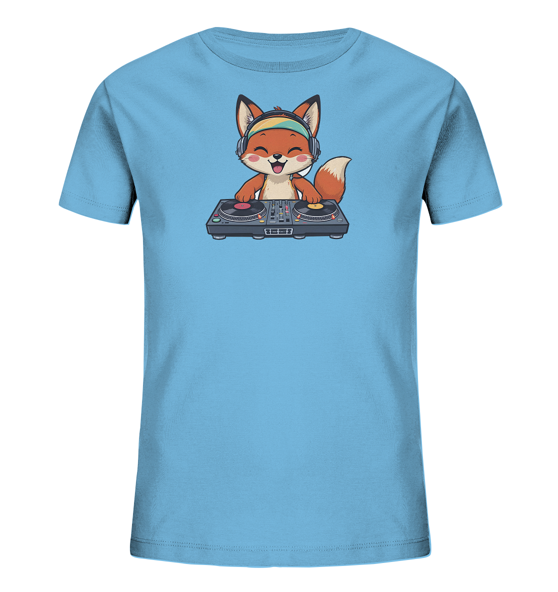 Onlineshop Shirts fuer Kinder - Das Bild zeigt ein hellblaues Kinder-T-Shirt mit einem lebhaften Motiv eines laechelnden Fuchses auf der Vorderseite. Der Fuchs traegt bunte Kopfhoerer und steht hinter einem detaillierten DJ-Mischpult mit zwei Plattenspielern. Die Darstellung verleiht dem Shirt einen froehlichen und musikalischen Charakter.