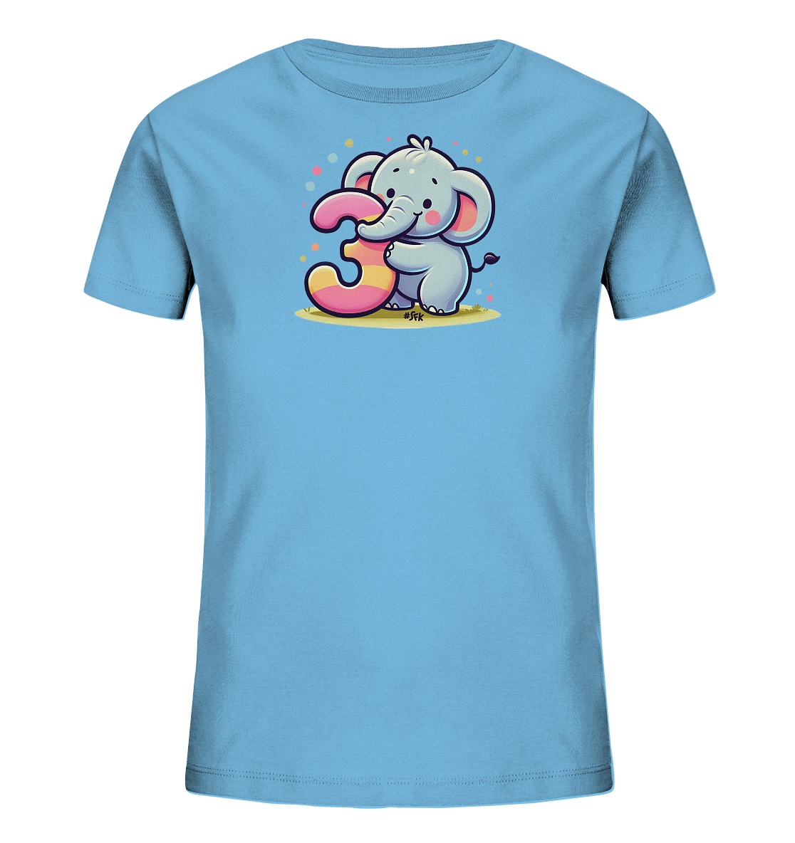 Onlineshop Shirts fuer Kinder - Dieses hellblaue T-Shirt fuer Kinder zeigt eine niedliche Cartoon-Illustration eines Baby-Elefanten. Der Elefant umarmt liebevoll eine grosse, bunte Zahl Drei. Um das Motiv herum schweben kleine, farbige Punkte. Das froehliche Design eignet sich besonders gut fuer den dritten Geburtstag.