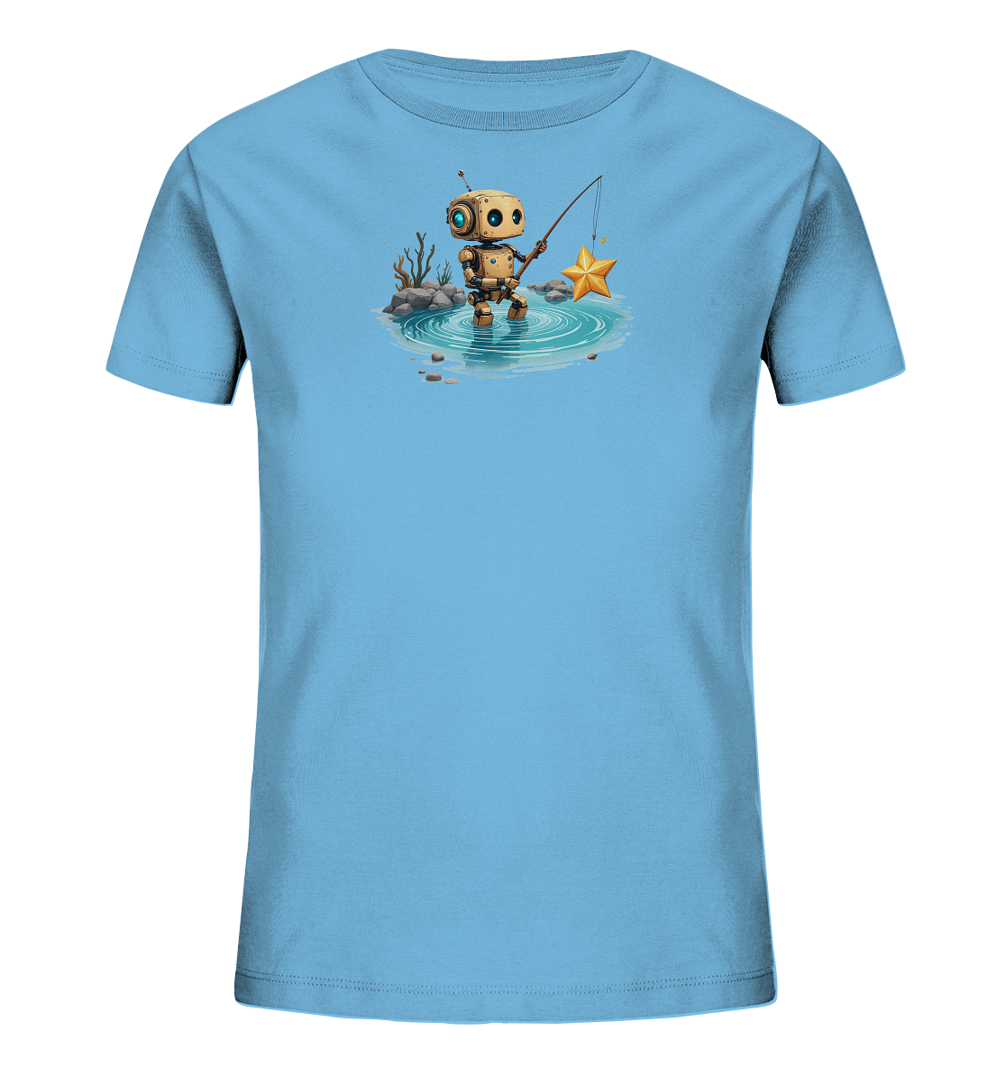 Onlineshop Shirts für Kinder - Das Bild zeigt ein hellblaues Kinder-T-Shirt mit einem detailreichen Aufdruck auf der Vorderseite. Der Aufdruck zeigt einen kleinen, freundlich aussehenden Roboter, der mit einer Angel in einer kleinen Wasserpfütze steht. Anstelle eines Fisches hat der Roboter einen leuchtend goldenen Stern an der Angel gefangen. Die Szene ist umrahmt von grauen Steinen und trockenen Pflanzendetails, was dem Motiv eine fantasievolle und spielerische Note verleiht.