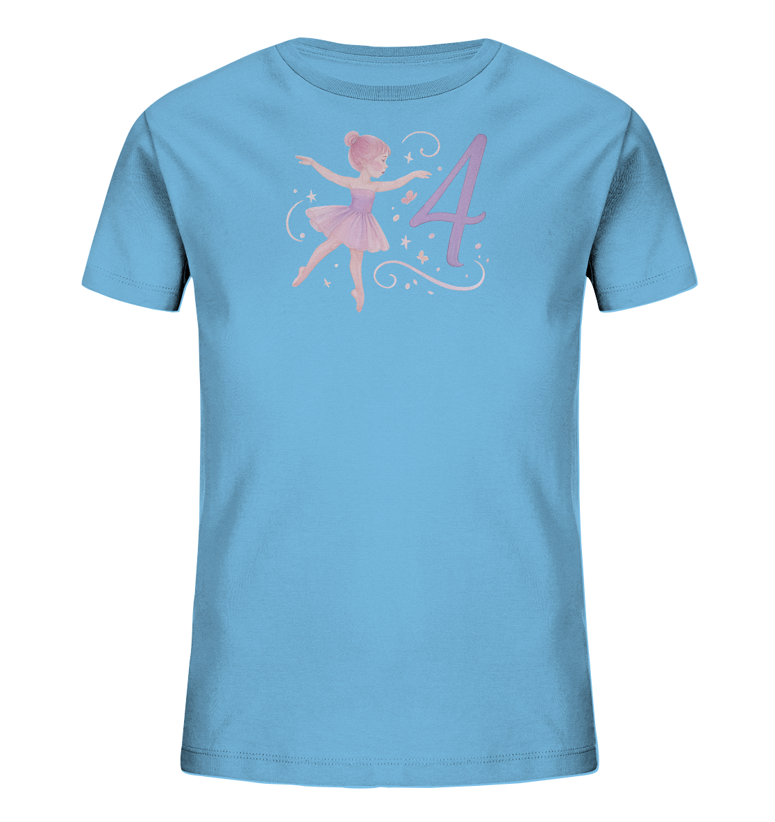 Onlineshop Shirts fuer Kinder - Das Bild zeigt ein hellblaues T-Shirt fuer Kinder. Auf der Vorderseite ist eine Illustration einer jungen Ballerina in einem pinken Tutu zu sehen, die eine Tanzposition einnimmt. Neben der Ballerina steht die Zahl "4" in einem zarten Violett, umgeben von kleinen Sternen und dekorativen Schwuengen. Das Design wirkt verspielt und thematisch auf Tanz oder einen vierten Geburtstag zugeschnitten.