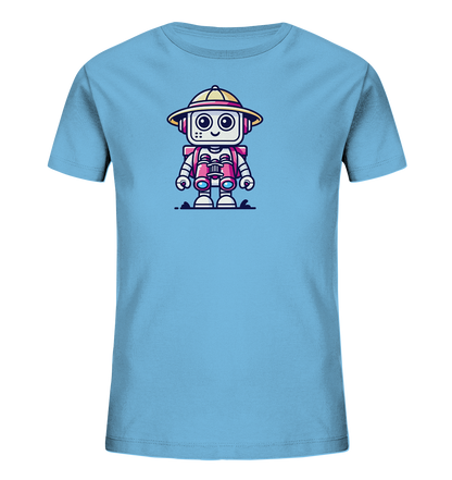 Onlineshop Shirts für Kinder - Das Bild zeigt ein hellblaues Kinder-T-Shirt. Auf der Vorderseite ist ein süßer, cartoonhafter Roboter abgebildet. Der Roboter trägt einen gelben Entdeckerhut mit pinkem Band, hält ein Fernglas und hat einen freundlichen Ausdruck. Das Design ist schlicht und farbenfroh, was dem Shirt einen fröhlichen Charakter verleiht.
