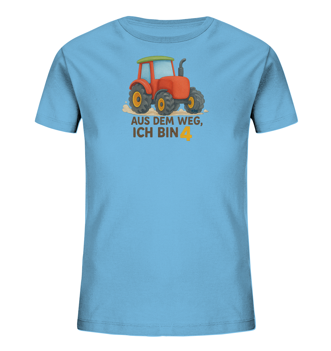 Onlineshop Shirts fuer Kinder - Das Bild zeigt ein hellblaues Kinder-T-Shirt mit einem farbigen Motiv. Auf der Vorderseite ist ein roter Cartoon-Traktor mit gelben Raedern abgebildet. Darunter steht der Spruch "AUS DEM WEG, ICH BIN" gefolgt von einer grossen orangen Zahl 4. Das Design ist ideal fuer kleine Traktor-Fans, besonders zum vierten Geburtstag.