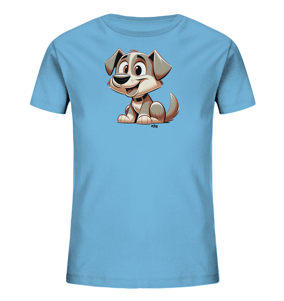Onlineshop Shirts fuer Kinder - Dieses hellblaue Kinder-T-Shirt zeigt eine suesse Illustration eines sitzenden Hundes im Cartoon-Stil. Der Hund hat grosse, ausdrucksstarke Augen und ein breites, freundliches Laecheln. Seine Fellfarbe ist in braun-grauen Toenen gehalten, was dem Design einen warmen Charakter verleiht. Das Motiv ist zentral auf der Vorderseite des Shirts platziert.