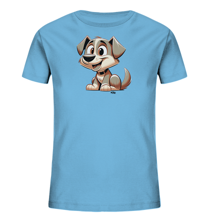 Onlineshop Shirts fuer Kinder - Dieses hellblaue Kinder-T-Shirt zeigt eine suesse Illustration eines sitzenden Hundes im Cartoon-Stil. Der Hund hat grosse, ausdrucksstarke Augen und ein breites, freundliches Laecheln. Seine Fellfarbe ist in braun-grauen Toenen gehalten, was dem Design einen warmen Charakter verleiht. Das Motiv ist zentral auf der Vorderseite des Shirts platziert.