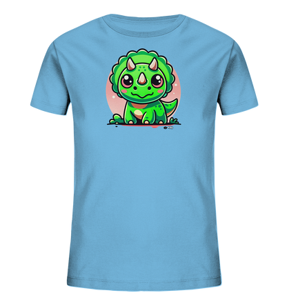 Onlineshop Shirts fuer Kinder - Das Bild zeigt ein hellblaues T-Shirt fuer Kinder. Auf der Vorderseite ist ein suesses, cartoonhaftes Baby-Dinosaurier-Motiv abgebildet. Der gruene Dinosaurier mit grossen Augen und einem Kopfschild sitzt vor einem hellrosa Kreis. Das Design wirkt freundlich und verspielt.