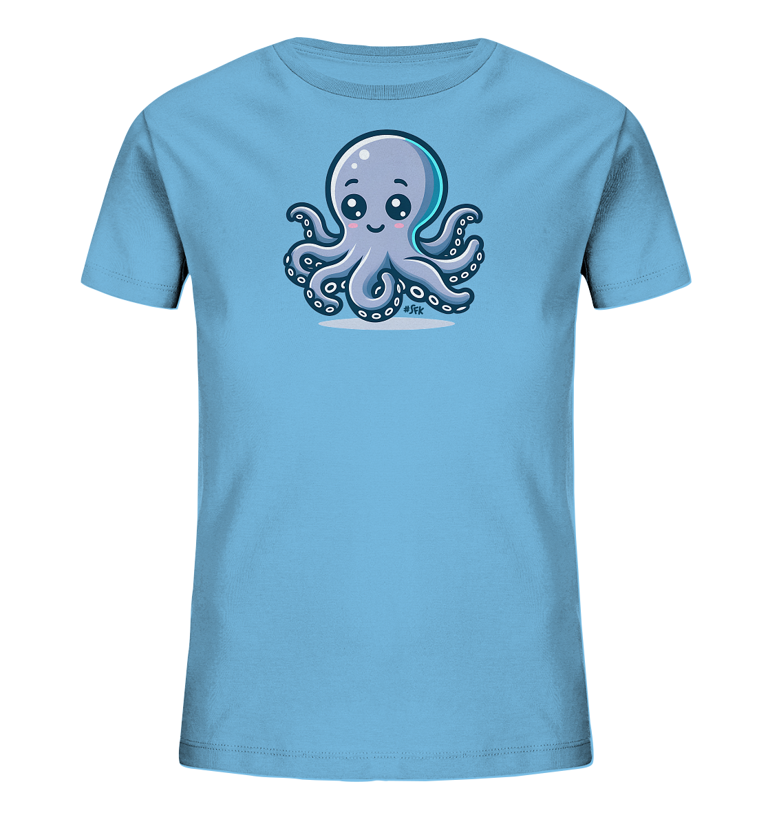 Onlineshop Shirts fuer Kinder - Das Bild zeigt ein hellblaues Kinder-T-Shirt mit einem niedlichen Comic-Motiv. Auf der Vorderseite ist ein freundlicher, lilafarben-grauer Oktopus mit grossen Augen und einem Laecheln abgebildet. Der Oktopus hat acht Tentakel und scheint leicht ueber dem Untergrund zu schweben. Dieses Design verleiht dem Shirt einen verspielten und kinderfreundlichen Look.