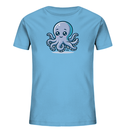 Onlineshop Shirts fuer Kinder - Das Bild zeigt ein hellblaues Kinder-T-Shirt mit einem niedlichen Comic-Motiv. Auf der Vorderseite ist ein freundlicher, lilafarben-grauer Oktopus mit grossen Augen und einem Laecheln abgebildet. Der Oktopus hat acht Tentakel und scheint leicht ueber dem Untergrund zu schweben. Dieses Design verleiht dem Shirt einen verspielten und kinderfreundlichen Look.