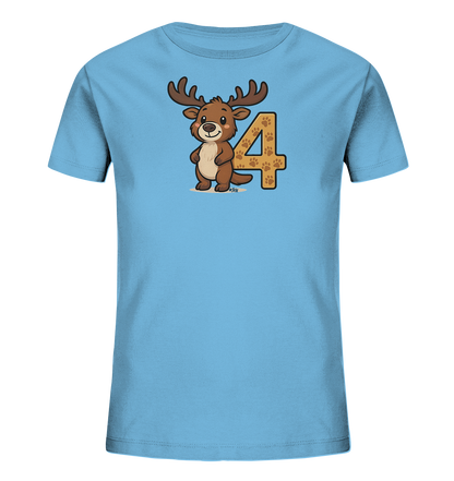 Onlineshop Shirts fuer Kinder - Das Bild zeigt ein hellblaues T-Shirt mit einem niedlichen Cartoon-Rentier auf der Vorderseite. Das Rentier steht neben der Zahl '4', die mit einem Muster aus braunen Pfotenabdruecken gefuellt ist. Das freundliche Rentier hat braunes Fell und grosse Geweihe. Dieses Design ist verspielt und ideal fuer Kinder.