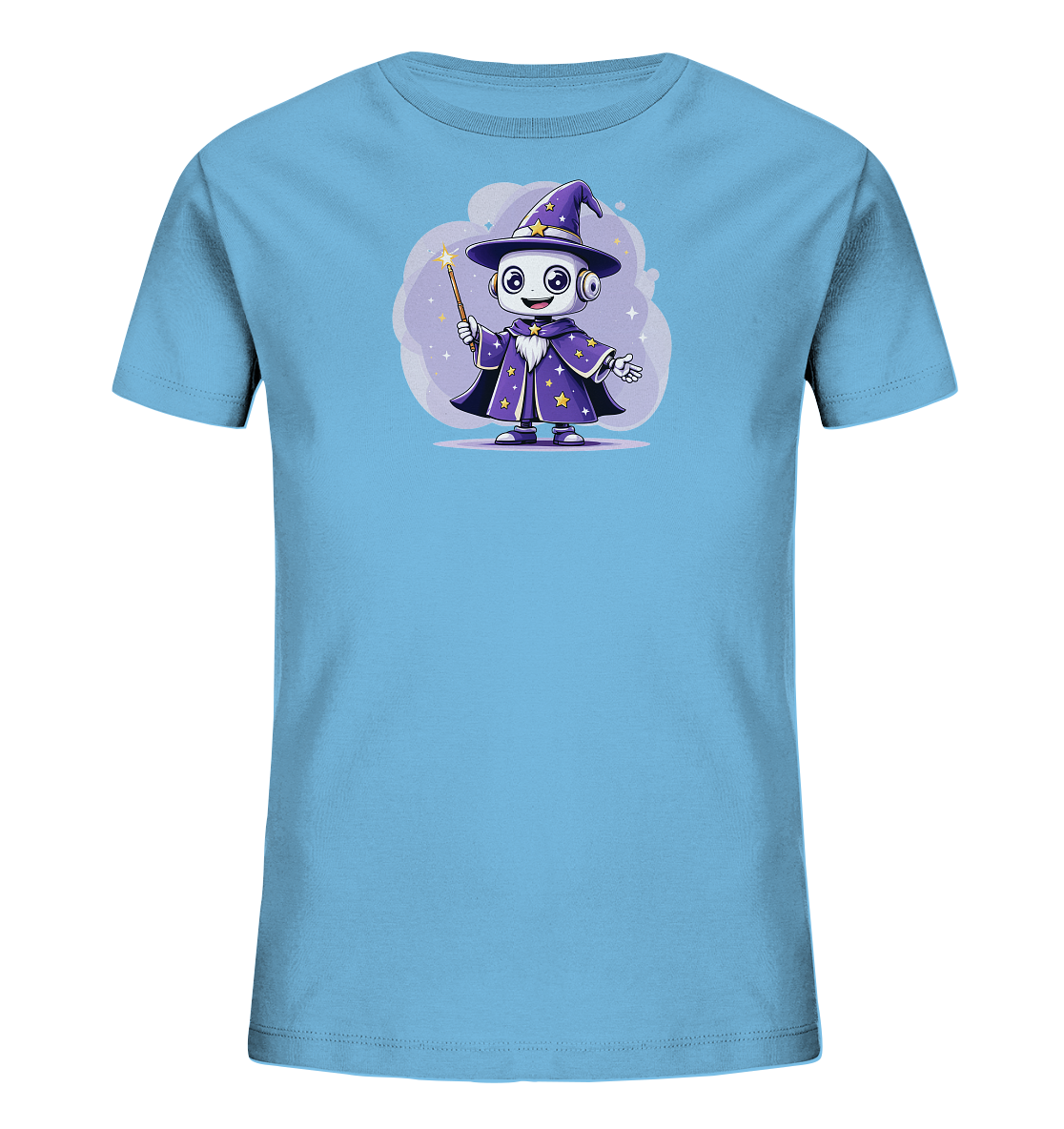 Onlineshop Shirts für Kinder - Das Bild zeigt ein hellblaues Kinder-T-Shirt, auf dessen Vorderseite ein cartoonhafter Roboter abgebildet ist. Der Roboter ist als Zauberer verkleidet, trägt einen lila Hut und einen Umhang, beide mit gelben Sternen verziert. In seiner Hand hält er einen magischen Stab mit einer leuchtenden Spitze. Das Motiv ist von einer hellvioletten Wolkenform mit zarten Sternen umrahmt, was dem Design eine verspielte und zauberhafte Note verleiht.