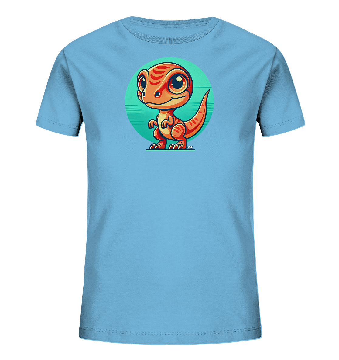 Onlineshop Shirts fuer Kinder - Dieses hellblaue Kinder-T-Shirt zeigt ein niedliches Cartoon-Motiv eines orangefarbenen Dinosauriers. Der freundlich laechelnde Dino mit grossen Augen steht vor einem tuerkisfarbenen Kreis. Das verspielte Design ist ideal fuer kleine Dino-Fans.