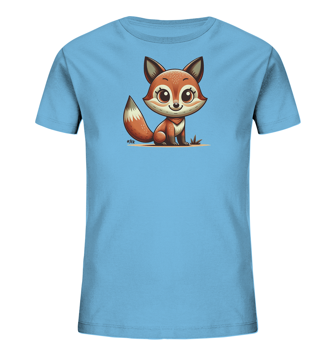 Onlineshop Shirts fuer Kinder - Das Bild zeigt ein hellblaues Kinder-T-Shirt. Auf der Vorderseite ist eine niedliche, cartoonartige Illustration eines Fuchses zu sehen. Der Fuchs sitzt auf dem Boden und hat grosse, freundliche Augen und einen buschigen Schwanz. Das Design ist farbenfroh und verspielt, ideal fuer Kinder.
