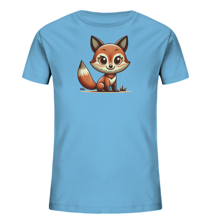 Onlineshop Shirts fuer Kinder - Das Bild zeigt ein hellblaues Kinder-T-Shirt. Auf der Vorderseite ist eine niedliche, cartoonartige Illustration eines Fuchses zu sehen. Der Fuchs sitzt auf dem Boden und hat grosse, freundliche Augen und einen buschigen Schwanz. Das Design ist farbenfroh und verspielt, ideal fuer Kinder.