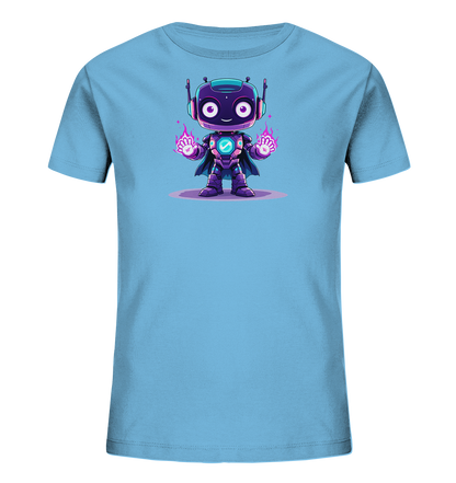 Onlineshop Shirts für Kinder - Das Bild zeigt ein dunkelblaues T-Shirt für Kinder, das flach auf einem weißen Hintergrund präsentiert wird. Auf der Vorderseite befindet sich eine freundliche Illustration einer braunen Maus, die aufrecht sitzt. Neben der Maus ist eine große, goldfarbene Zahl '1' abgebildet, die einen strukturierten Look aufweist. Ein kleiner gelber Schmetterling rundet das verspielte Motiv oberhalb des Maus-Kopfes ab.