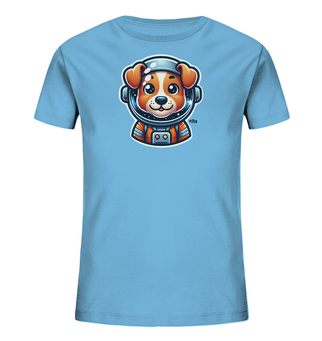 Onlineshop Shirts fuer Kinder - Das Bild zeigt ein hellblaues Kinder-T-Shirt. Darauf ist eine detaillierte Illustration eines Hundekopfes mit einem Astronautenhelm und Weltraumanzug zu sehen. Der Hund hat grosse Augen und schaut freundlich, waehrend der Helm einen Blick auf einen Sternenhimmel freigibt. Das Design ist farbenfroh und fantasievoll, perfekt fuer kleine Weltraumforscher.