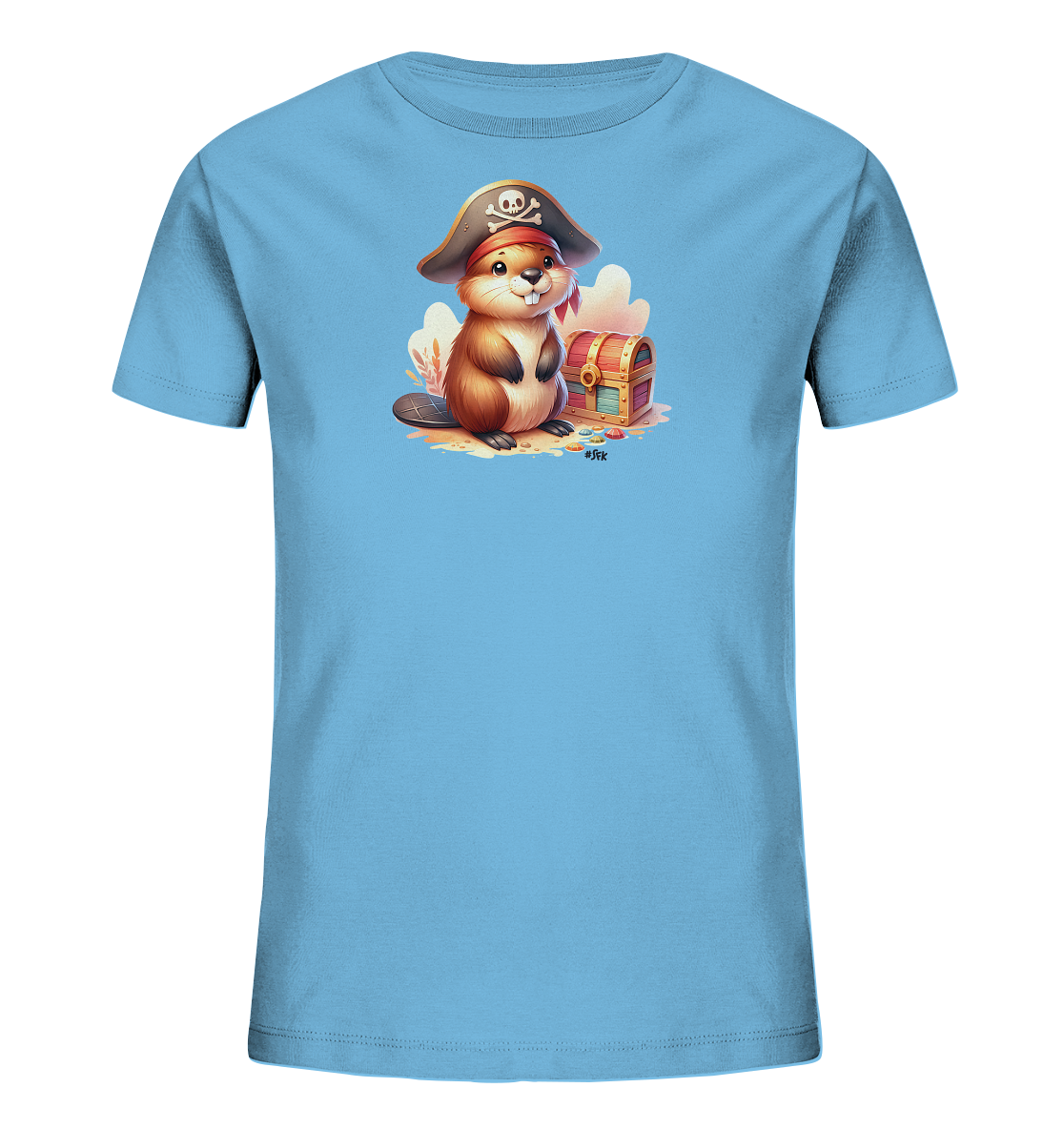 Onlineshop Shirts fuer Kinder - Das hellblaue T-Shirt zeigt einen Cartoon-Biber als Piraten verkleidet. Der Biber traegt einen Piratenhut mit Totenkopf und sitzt neben einer geoeffneten Schatztruhe. Bunte Edelsteine oder Muenzen liegen auf dem Sand verstreut und tragen zum Abenteuer-Thema bei. Das froehliche und detaillierte Motiv ist ansprechend fuer Kinder.