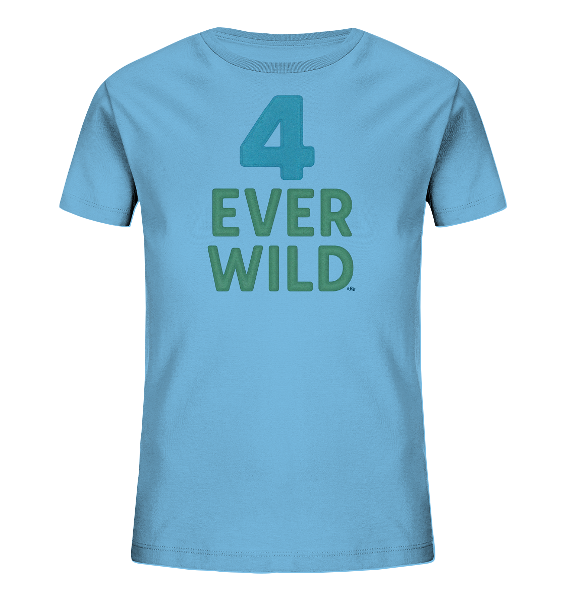 Onlineshop Shirts fuer Kinder - Das Bild zeigt ein hellblaues T-Shirt fuer Kinder. Auf der Vorderseite ist ein Print mit der grossen Zahl '4' in Tuerkis zu sehen. Darunter steht der Text 'EVER WILD' in gruenen Grossbuchstaben. Das Design hat einen spielerischen und abenteuerlustigen Charakter.
