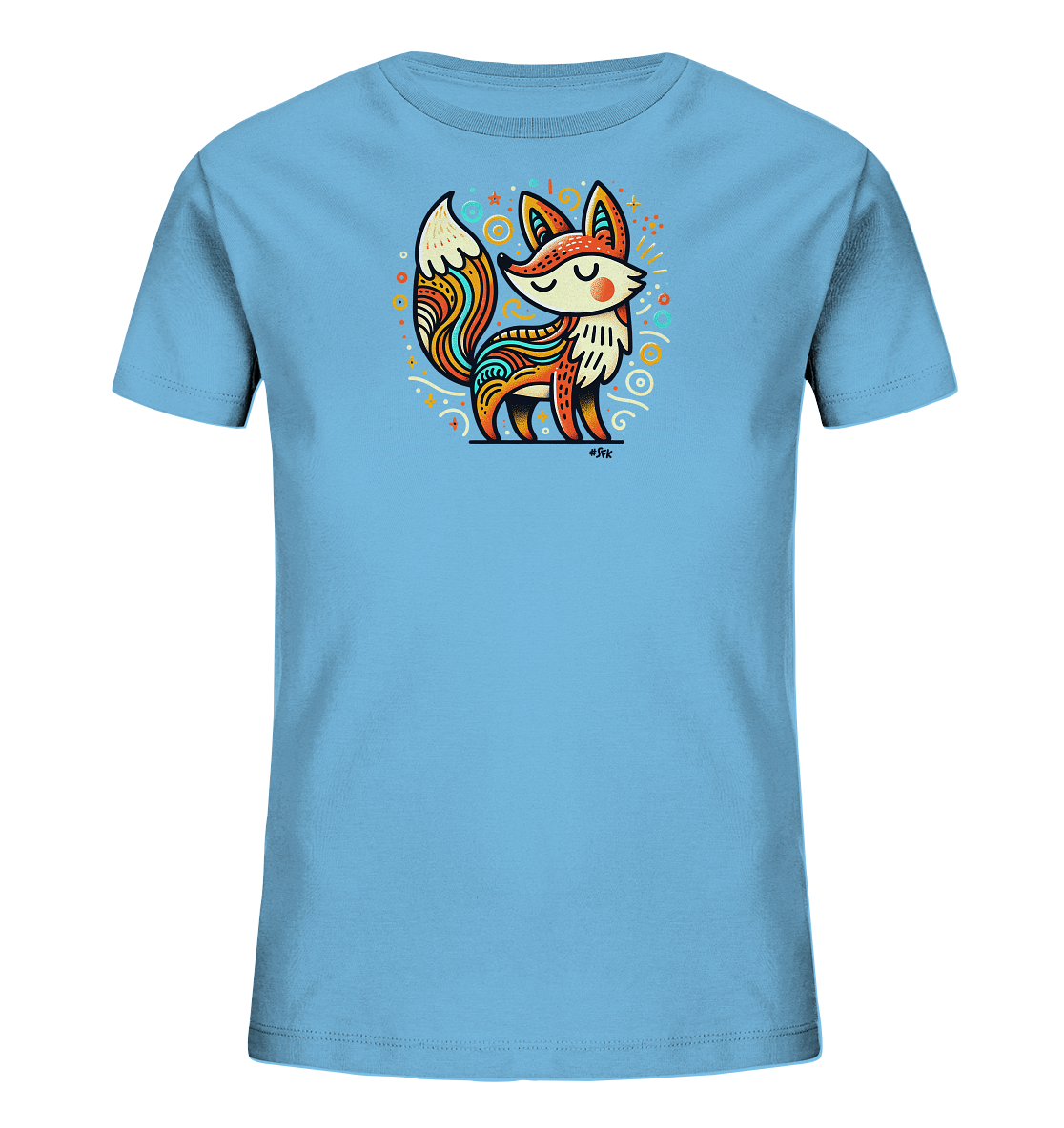Onlineshop Shirts fuer Kinder - Das Bild zeigt ein hellblaues T-Shirt fuer Kinder. Auf der Vorderseite ist ein stilisierter Fuchs mit bunten Mustern abgebildet. Das Design umfasst auch abstrakte Formen, Sterne und Kreise in lebhaften Farben. Der Fuchs hat geschlossene Augen und wirkt freundlich.