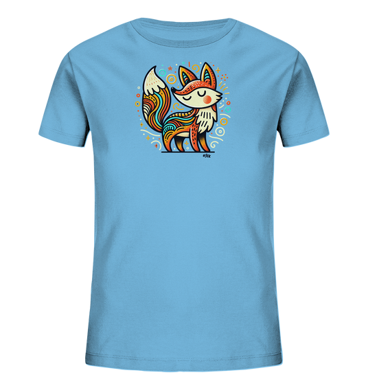 Onlineshop Shirts fuer Kinder - Das Bild zeigt ein hellblaues T-Shirt fuer Kinder. Auf der Vorderseite ist ein stilisierter Fuchs mit bunten Mustern abgebildet. Das Design umfasst auch abstrakte Formen, Sterne und Kreise in lebhaften Farben. Der Fuchs hat geschlossene Augen und wirkt freundlich.