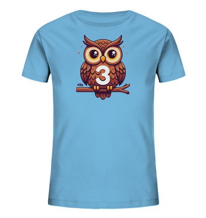 Kinder T-Shirt mit Cartoon-Eule auf Ast, großen Augen und Zahl 3