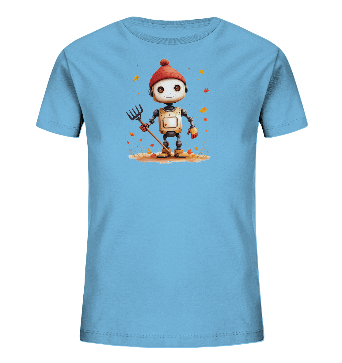 Onlineshop Shirts für Kinder - Das Bild zeigt ein hellblaues T-Shirt für Kinder mit einem niedlichen Aufdruck eines Cartoon-Roboters. Der Roboter trägt eine rote Pudelmütze und orangefarbene Handschuhe. Er hält eine Heugabel oder einen Rechen in seinen Händen und steht auf einem Stück Erde, umgeben von herbstlichen Blättern. Die Grafik vermittelt eine fröhliche, herbstliche Szene mit einem freundlichen Charakter.