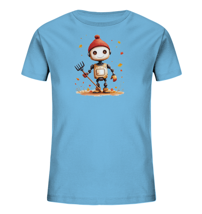 Onlineshop Shirts für Kinder - Das Bild zeigt ein hellblaues T-Shirt für Kinder mit einem niedlichen Aufdruck eines Cartoon-Roboters. Der Roboter trägt eine rote Pudelmütze und orangefarbene Handschuhe. Er hält eine Heugabel oder einen Rechen in seinen Händen und steht auf einem Stück Erde, umgeben von herbstlichen Blättern. Die Grafik vermittelt eine fröhliche, herbstliche Szene mit einem freundlichen Charakter.