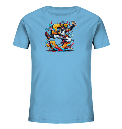 Kinder T-Shirt mit springendem Ninja, großer Zahl 5 und bunten Farbspritzern