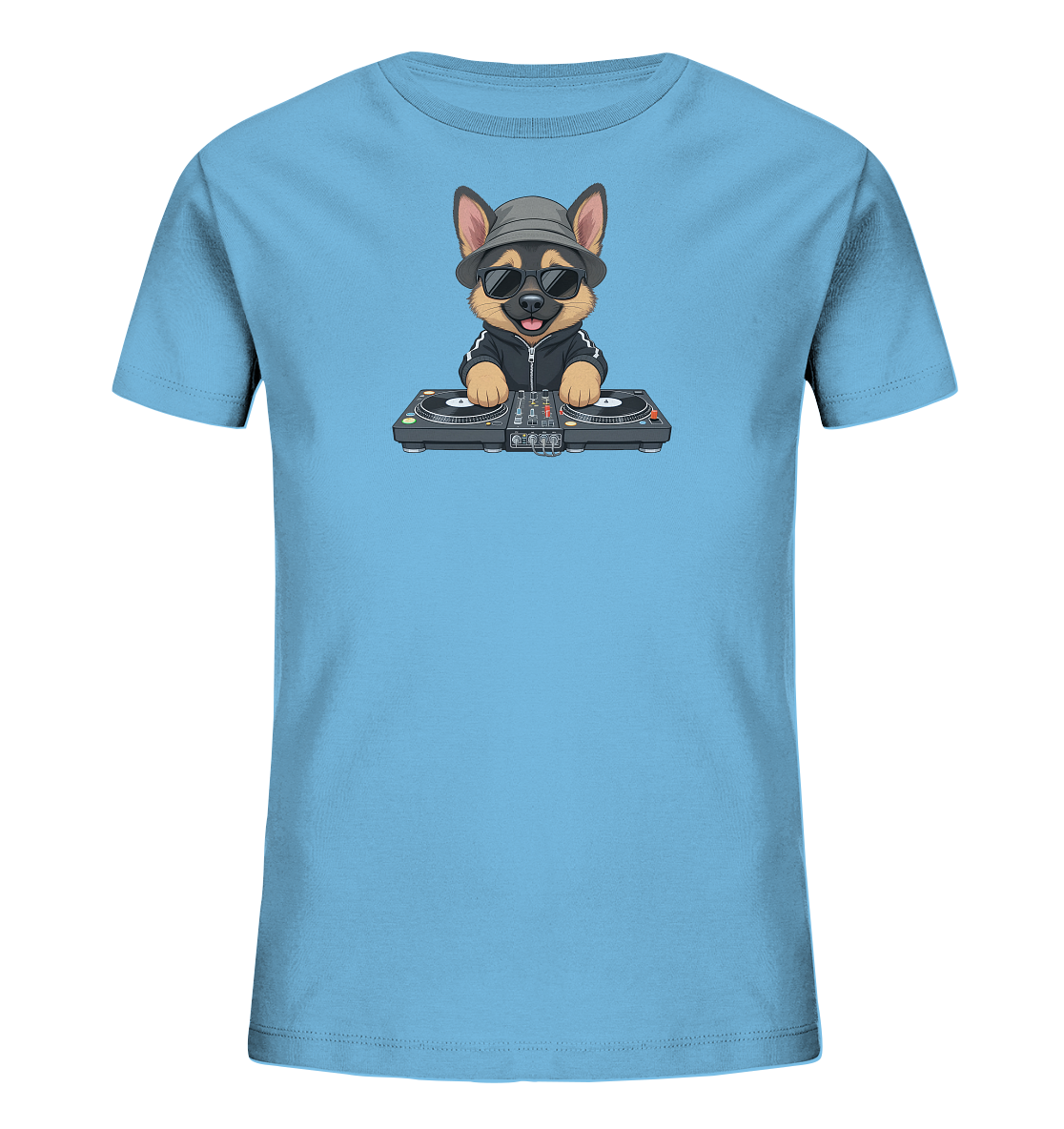 Onlineshop Shirts fuer Kinder - Das Bild zeigt ein hellblaues Kinder-T-Shirt mit einem coolen Hunde-Motiv als DJ. Der Hund traegt eine Sonnenbrille und einen Fischerhut und steht vor einem DJ-Pult mit Plattenspielern. Er hat ein freundliches, grinsendes Gesicht, was dem Design einen verspielten und froehlichen Charakter verleiht.