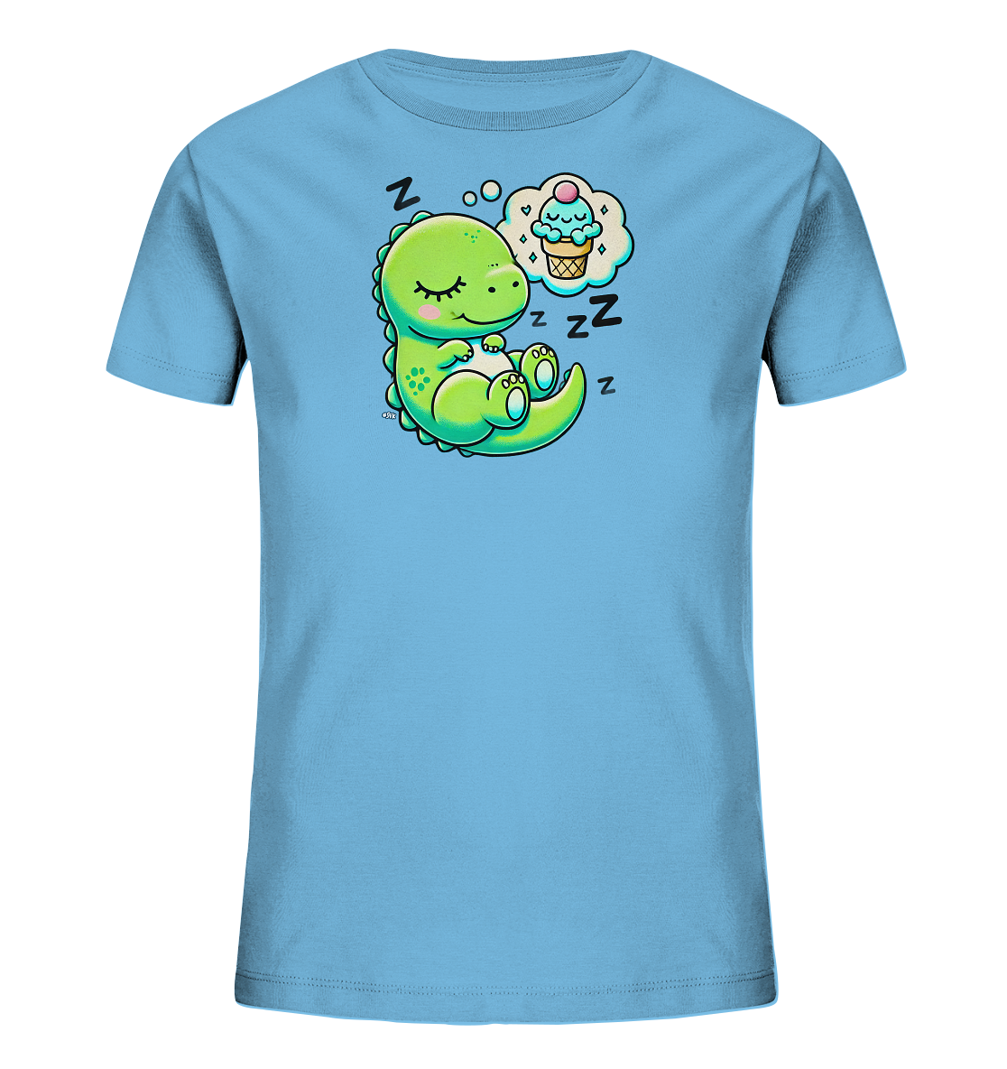 Onlineshop Shirts fuer Kinder - Das Bild zeigt ein hellblaues Kinder-T-Shirt mit einem niedlichen Motiv eines schlafenden gruenen Dinosauriers auf der Vorderseite. Der Dino liegt zusammengerollt da, die Augen geschlossen. Über ihm schwebt eine Gedankenblase, die ein schlafendes Eis in einer Waffel darstellt. Mehrere 'Zzz'-Symbole umrahmen das gesamte Motiv und symbolisieren tiefen Schlaf.