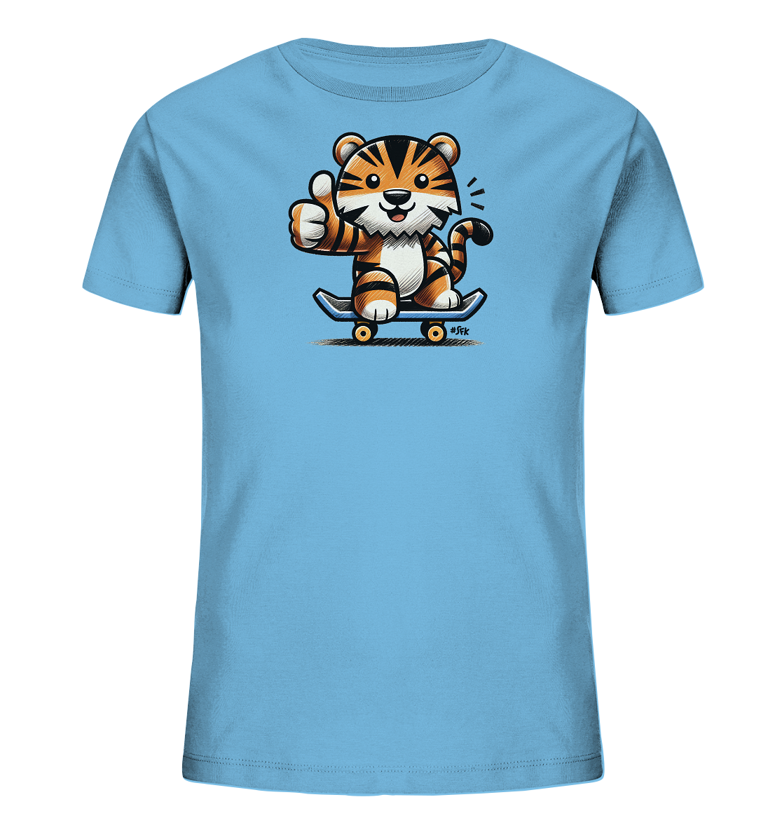 Onlineshop Shirts fuer Kinder - Das Bild zeigt ein hellblaues Kindershirt mit einer farbenfrohen Illustration. Eine freundliche Cartoon-Tigerfigur sitzt auf einem Skateboard. Der Tiger gibt einen Daumen hoch und laechelt. Das Design wirkt froehlich und dynamisch.