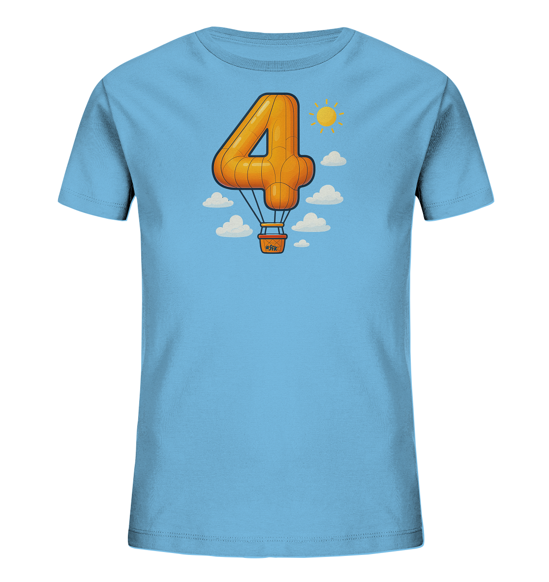 Onlineshop Shirts fuer Kinder - Das hellblaue T-Shirt zeigt eine grosse, orangefarbene Zahl '4', die wie ein Heissluftballon gestaltet ist. Um den Ballon herum schweben weisse Wolken. Eine gelbe Sonne scheint am Himmel. Dieses Design vermittelt eine froehliche, luftige Atmosphaere.