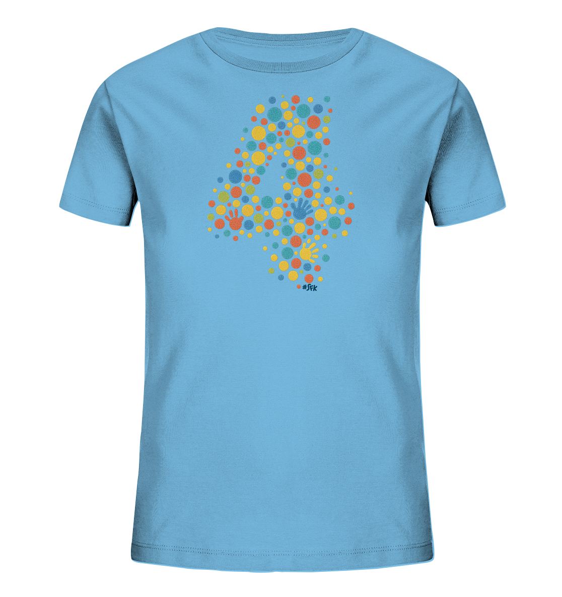 Onlineshop Shirts fuer Kinder - Das Bild zeigt ein hellblaues Kinder-T-Shirt mit einem grossen, farbenfrohen Druck auf der Vorderseite. Der Druck formt die Zahl 4 und besteht aus zahlreichen bunten Punkten und kleinen stilisierten Handabdruecken. Das Design ist lebendig und verspielt gestaltet.