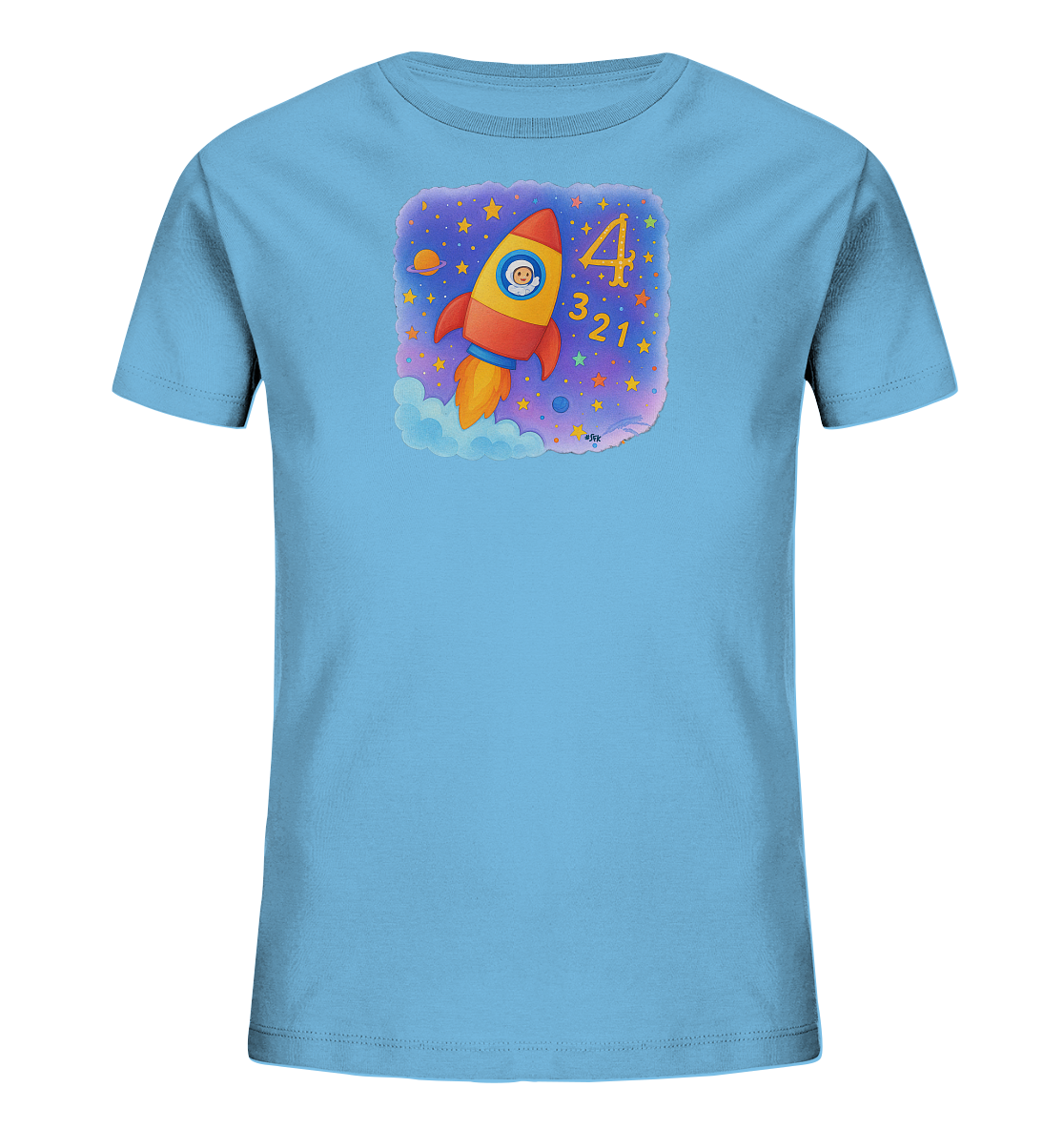 Onlineshop Shirts fuer Kinder - Das Bild zeigt ein hellblaues Kinder-T-Shirt mit einem farbenfrohen Weltall-Design auf der Vorderseite. Im Zentrum des Motivs steht eine startende Rakete mit einem lachenden Astronauten im Fenster. Um die Rakete herum sind Sterne, Planeten und eine Countdown-Zahl '4' sowie '3-2-1' dargestellt. Das verspielte Design zeigt eine Reise durch den Weltraum mit bunten Details.