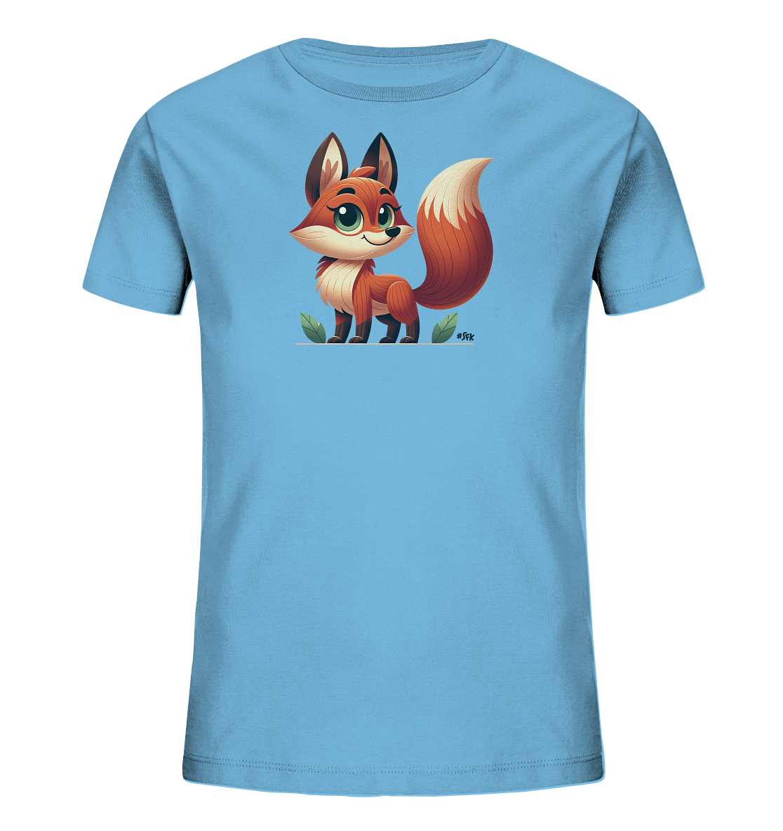 Onlineshop Shirts fuer Kinder - Das Bild zeigt ein hellblaues T-Shirt fuer Kinder mit einer Illustration eines niedlichen, orangefarbenen Fuchses. Der Fuchs hat grosse gruene Augen und steht laechelnd zwischen ein paar gruenen Blaettern. Die Grafik ist im Cartoon-Stil gehalten und verleiht dem Shirt einen freundlichen Ausdruck. Es ist ein verspieltes Motiv, das gut fuer Kinder geeignet ist.