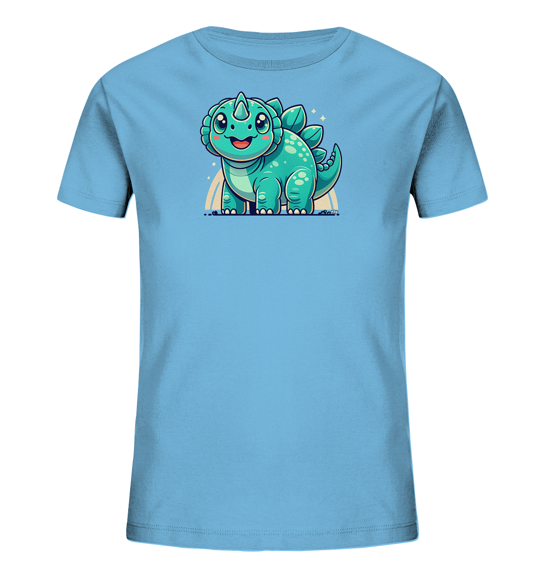 Onlineshop Shirts fuer Kinder - Das Bild zeigt ein hellblaues T-Shirt fuer Kinder mit einem niedlichen, gruenen Dinosaurier-Motiv auf der Vorderseite. Der Dinosaurier ist im Comic-Stil gezeichnet, hat grosse Augen und ein froehliches Laecheln. Hinter der Figur befindet sich ein kleiner Regenbogen sowie einige funkelnde Sternelemente. Das Design wirkt insgesamt verspielt und kindgerecht.