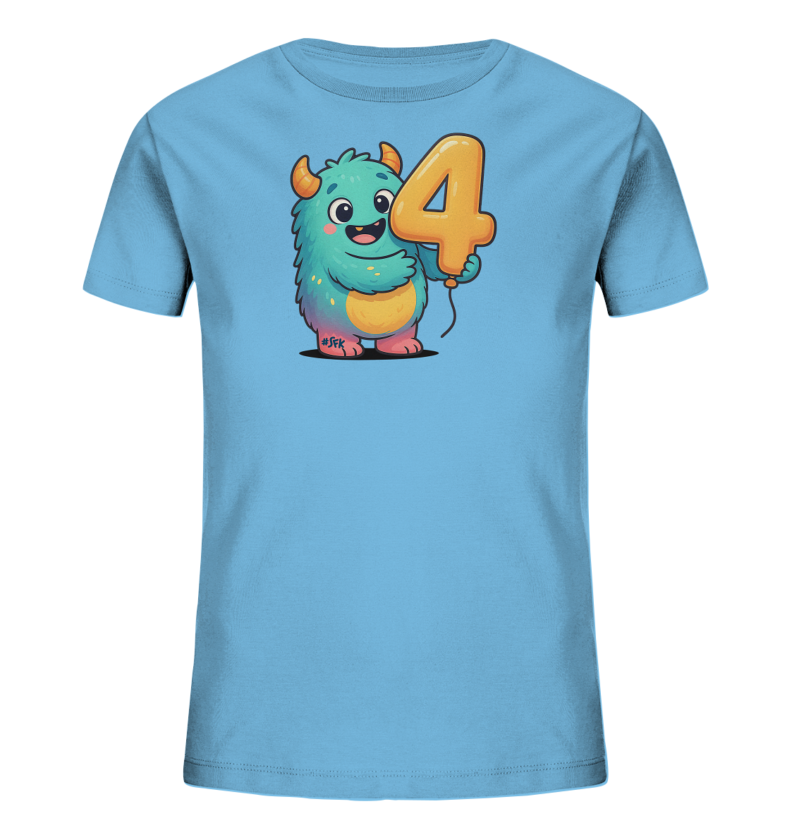 Onlineshop Shirts fuer Kinder - Das Bild zeigt ein hellblaues Kinder T-Shirt. Auf der Vorderseite ist ein niedliches, tuerkisfarbenes Cartoon-Monster abgebildet. Das Monster haelt einen grossen, orangefarbenen Ballon in Form der Zahl Vier. Es laechelt und hat kleine Hoerner, was dem Design einen froehlichen Charakter verleiht.