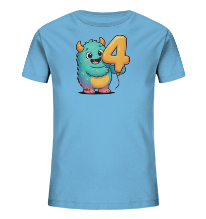Onlineshop Shirts fuer Kinder - Das Bild zeigt ein hellblaues Kinder T-Shirt. Auf der Vorderseite ist ein niedliches, tuerkisfarbenes Cartoon-Monster abgebildet. Das Monster haelt einen grossen, orangefarbenen Ballon in Form der Zahl Vier. Es laechelt und hat kleine Hoerner, was dem Design einen froehlichen Charakter verleiht.