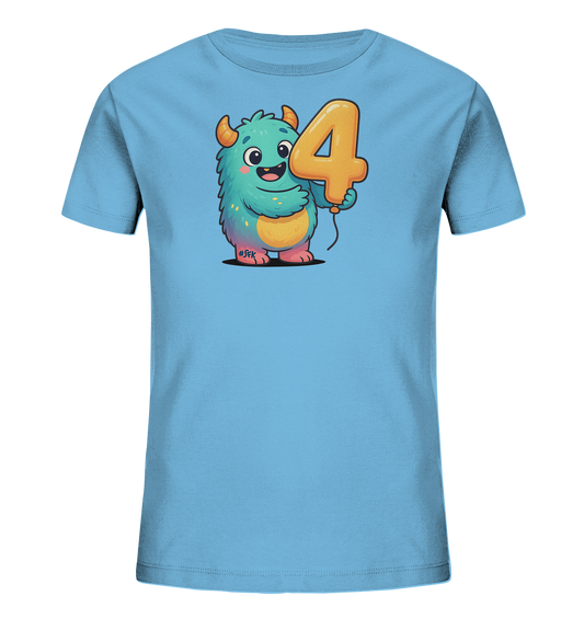 Onlineshop Shirts fuer Kinder - Das Bild zeigt ein hellblaues Kinder T-Shirt. Auf der Vorderseite ist ein niedliches, tuerkisfarbenes Cartoon-Monster abgebildet. Das Monster haelt einen grossen, orangefarbenen Ballon in Form der Zahl Vier. Es laechelt und hat kleine Hoerner, was dem Design einen froehlichen Charakter verleiht.