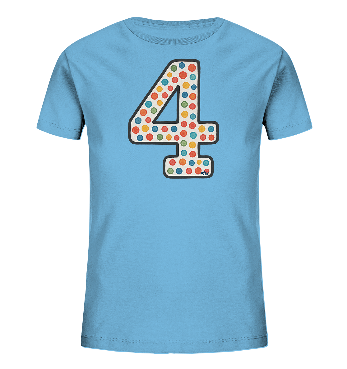 Onlineshop Shirts fuer Kinder - Das Bild zeigt ein hellblaues Kinder-T-Shirt mit einer grossen, bunten Vier auf der Vorderseite. Die Zahl ist mit einem Muster aus vielen kleinen, farbigen Punkten gefuellt und hat eine dunkle Umrandung. Die Punkte sind in verschiedenen leuchtenden Farben wie Rot, Orange, Gelb, Gruen und Blau gehalten. Dieses Design wirkt verspielt und farbenfroh.
