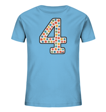 Kinder T-Shirt mit großer Zahl 4, bunten Punkten und dunkler Umrandung