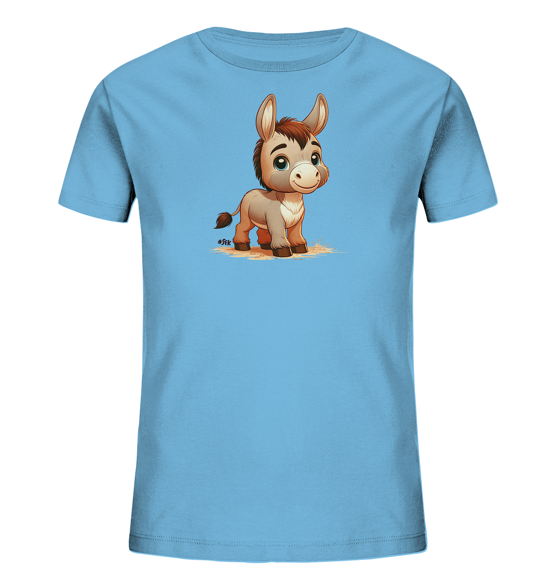 Onlineshop Shirts fuer Kinder - Dieses Bild zeigt ein hellblaues T-Shirt fuer Kinder mit einem niedlichen Eselmotiv auf der Vorderseite. Der cartoonhafte Esel ist in Braun- und Grautoenen dargestellt und steht auf etwas lockerem Boden. Er hat grosse, freundliche Augen und schaut geradeaus. Das Design wirkt verspielt und ansprechend.