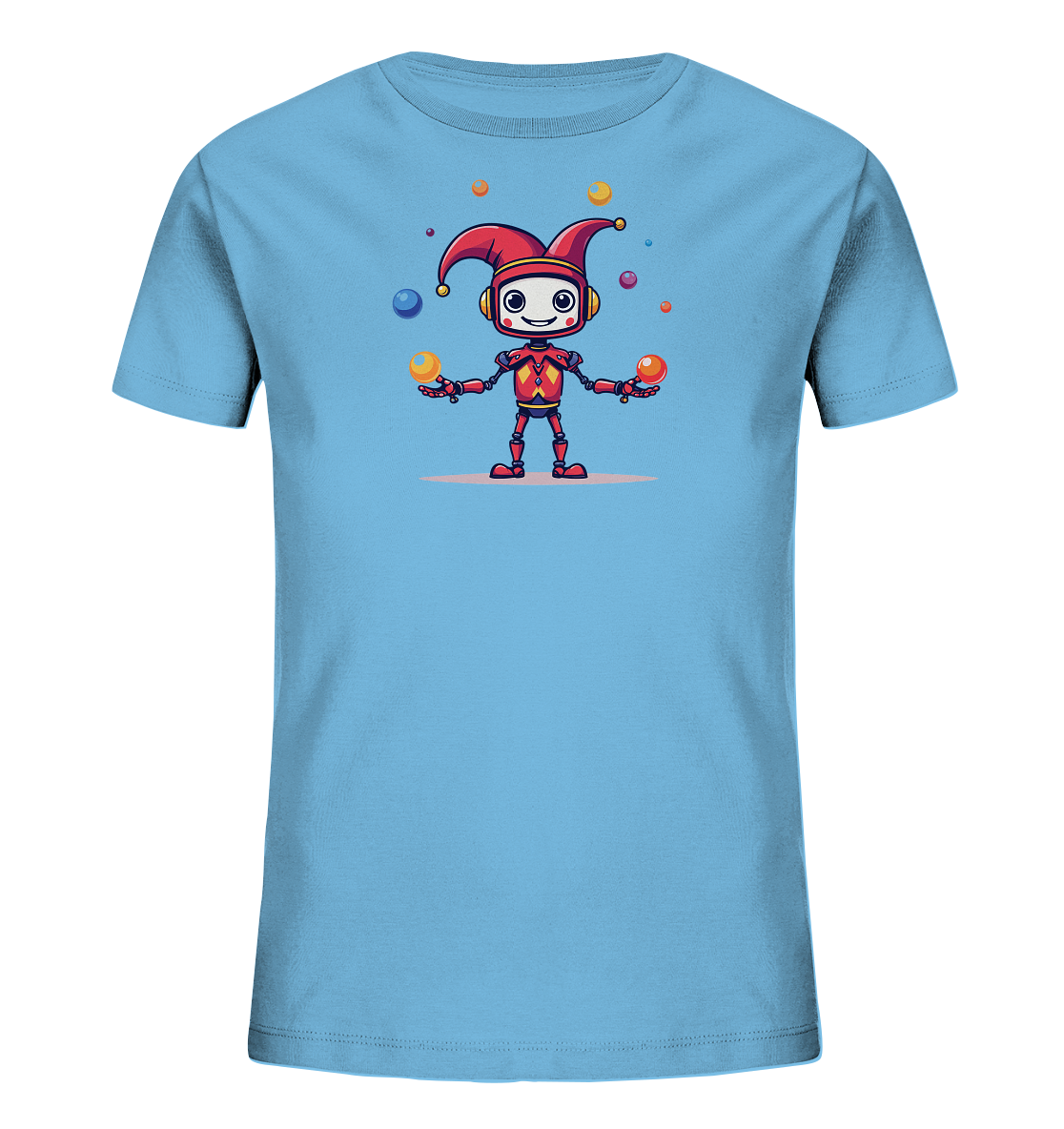 Onlineshop Shirts für Kinder - Das Bild zeigt ein hellblaues T-Shirt für Kinder. Auf der Vorderseite befindet sich eine bunte, cartoonartige Illustration eines Roboters in einem Narrenkostüm. Der Roboter mit roter Mütze und rotem Oberkörper ist dabei zu sehen, wie er mehrere farbige Bälle jongliert. Die Darstellung ist detailliert und neutral, fokussiert auf die grafische Gestaltung des Motivs auf dem Textil.