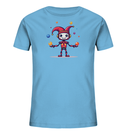 Onlineshop Shirts für Kinder - Das Bild zeigt ein hellblaues T-Shirt für Kinder. Auf der Vorderseite befindet sich eine bunte, cartoonartige Illustration eines Roboters in einem Narrenkostüm. Der Roboter mit roter Mütze und rotem Oberkörper ist dabei zu sehen, wie er mehrere farbige Bälle jongliert. Die Darstellung ist detailliert und neutral, fokussiert auf die grafische Gestaltung des Motivs auf dem Textil.